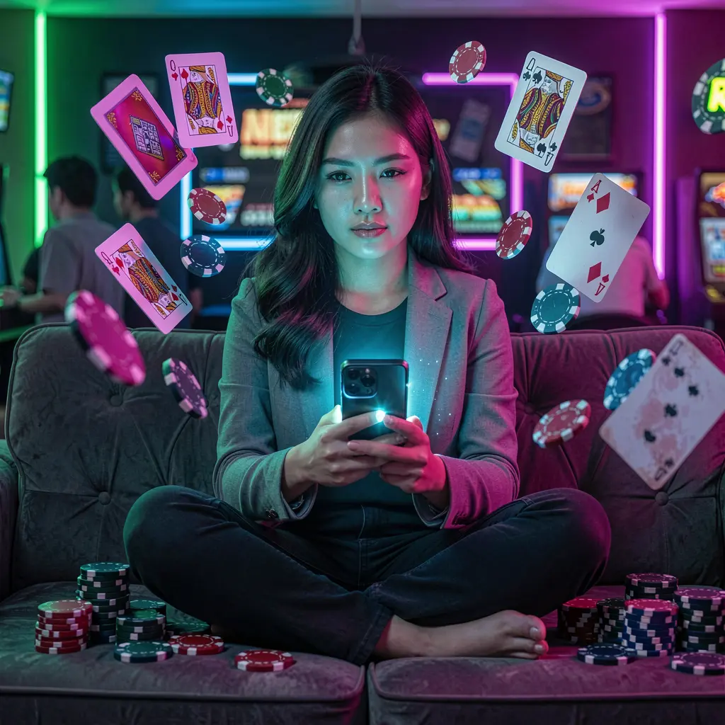 Focused Filipino woman holding a glowing smartphone with casino chips and playing cards floating around her using the JDBJILI app