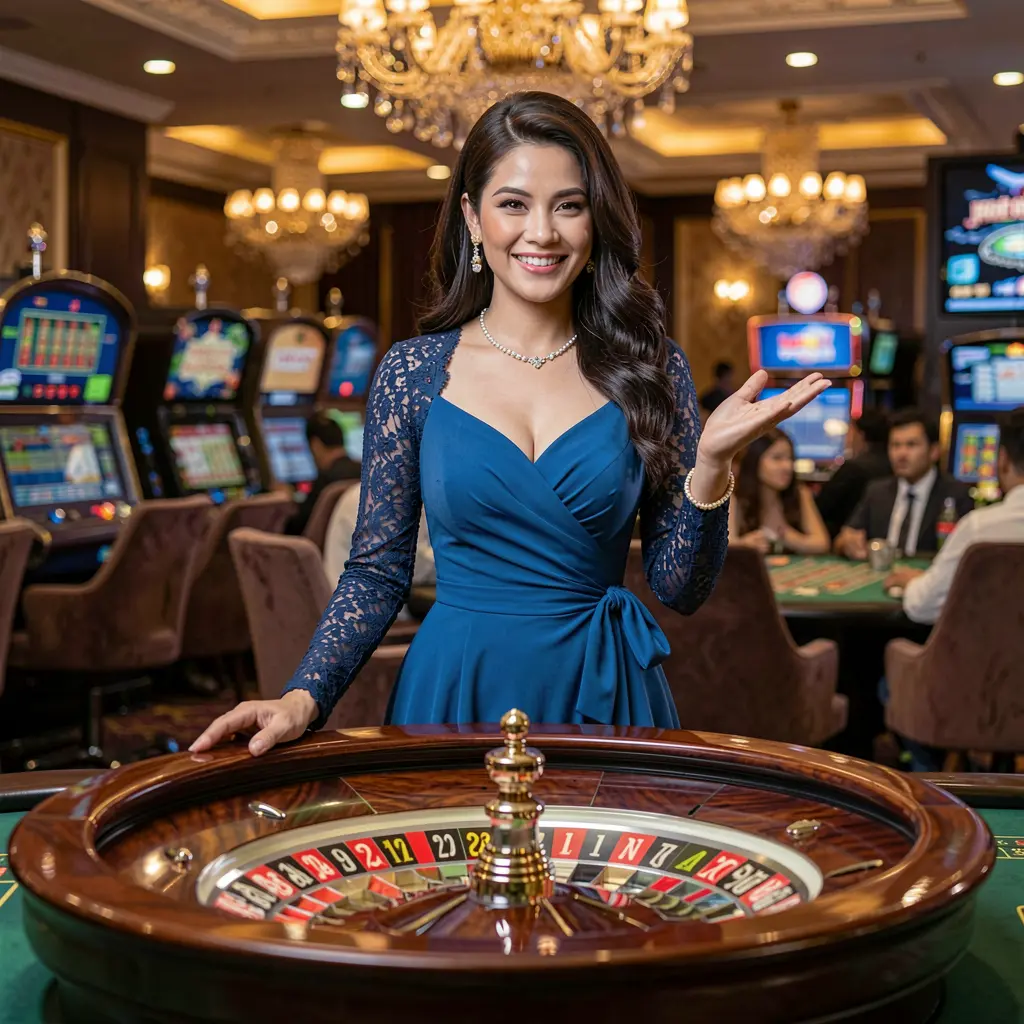 JDBJILI – Step into a premium live roulette experience made for Filipino players Elegant live casino dealer at a roulette table with a welcoming gesture inside a luxury gaming hall representing the immersive JDBJILI casino experience for players in the Philippines