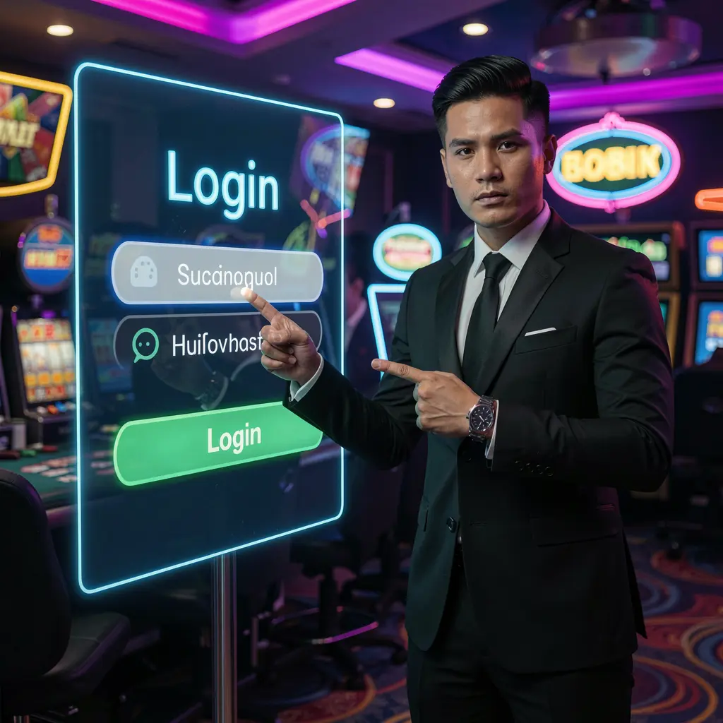 Confident Filipino casino presenter pointing at a glowing JDBJILI login sign inside a modern casino setting