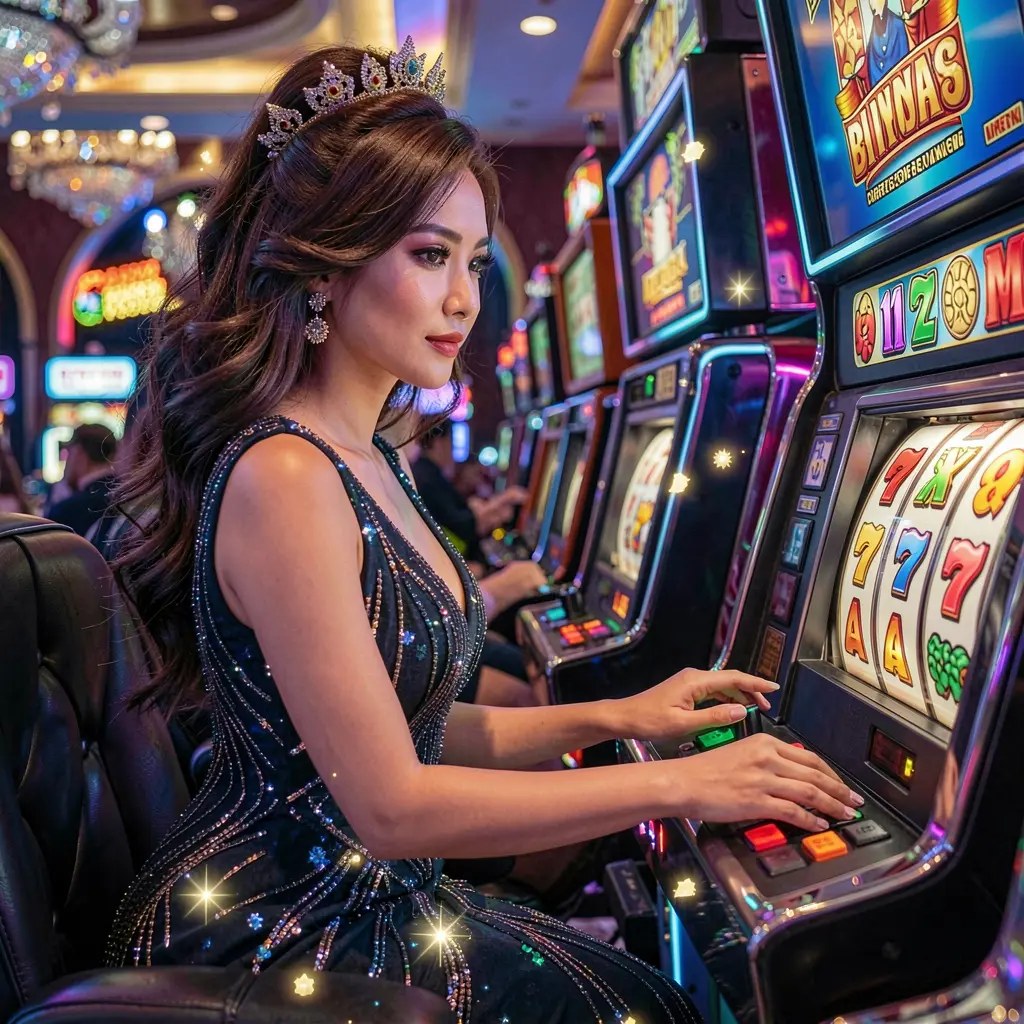 Glamorous female player enjoying colorful online slot machines with glowing symbols at JDBJILI casino platform in the Philippines